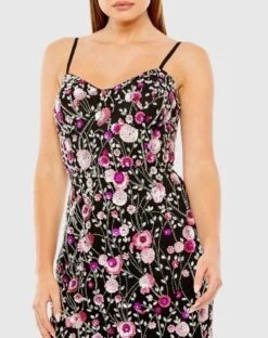 Slim Strap Bustier Top Floral Beaded Mini Dress -Fashion Dress Shop 10012 BlackMulti CL