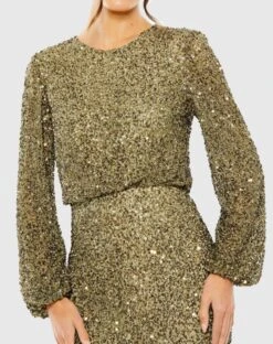 High Neck Long Sleeve Beaded Blouson Gown -Fashion Dress Shop 10044 Olive CL