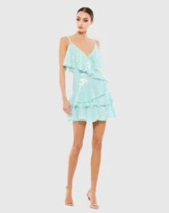 Sequined Ruffle Tiered Faux Wrap Mini Dress