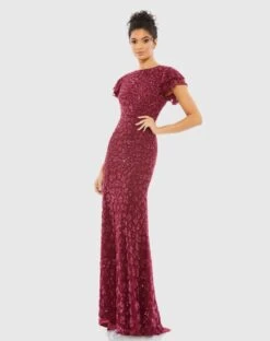 High Neck Flutter Cap Sleeve Gown -Fashion Dress Shop 10748 Raspberry AB scaled