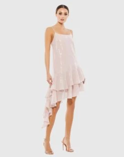 Sequined Ruffled Asymmetrical Hem Sleeveless Dress
