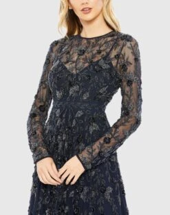 Beaded Illusion High Neck Long Sleeve A Line Gown -Fashion Dress Shop 10799 Navy CL
