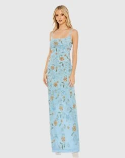 Hand Beaded Floral Gown With Beaded Spaghetti Straps