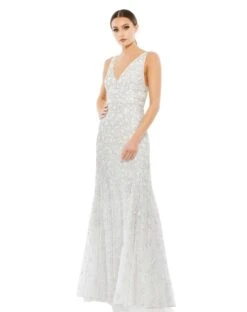 Hand Embellished Sleeveless Beaded Gown With Sweeping Train