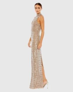 Sequined High Neck Sleeveless Column Gown -Fashion Dress Shop 10907 Taupe AS scaled