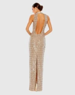 Sequined High Neck Sleeveless Column Gown -Fashion Dress Shop 10907 Taupe BK scaled