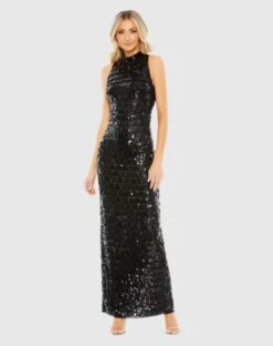 Sequined High Neck Sleeveless Column Gown