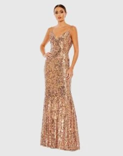 Sequined Spaghetti Strap Cowl Back Gown