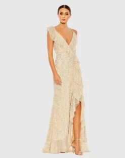 Fashion Dress Shop 25 Embellished Ruffled Faux Wrap Sleeveless Gown