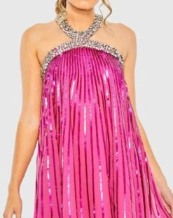 High Neck Open Back Embellished Trapeze Dress -Fashion Dress Shop 10996 HotPink CL