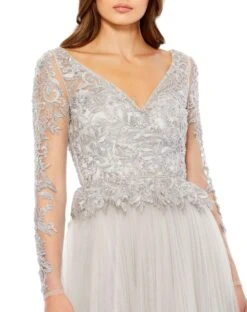 Lace Illusion Long Sleeve Sweetheart Neck Gown -Fashion Dress Shop 11168 Silver CL scaled