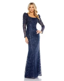 Embroidered Applique Shoulder Detail Trumpet Gown -Fashion Dress Shop 11187 Midnight AB