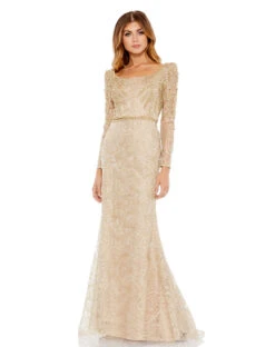 Embroidered Applique Shoulder Detail Trumpet Gown