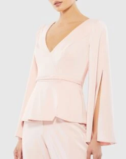 Long Sleeve Crepe V-neck Jumpsuit -Fashion Dress Shop 11232 Pink CL scaled