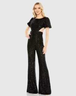 Sequined Puff Shoulder Illusion Cut Out Jumpsuit -Fashion Dress Shop 11273 Black AB scaled