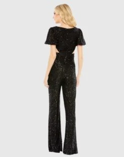 Sequined Puff Shoulder Illusion Cut Out Jumpsuit -Fashion Dress Shop 11273 Black BK scaled