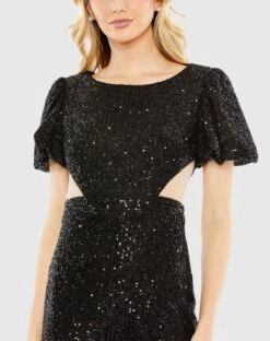 Sequined Puff Shoulder Illusion Cut Out Jumpsuit -Fashion Dress Shop 11273 Black CL