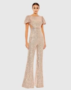 Fashion Dress Shop 39 Sequined Puff Shoulder Illusion Cut Out Jumpsuit
