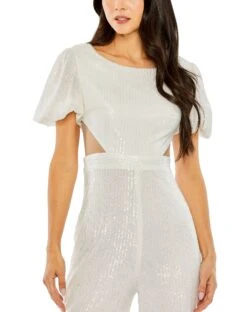 Sequined Puff Shoulder Illusion Cut Out Jumpsuit | Sample | Sz. 2 -Fashion Dress Shop 11273 White CL