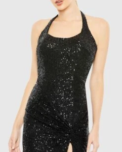 Sequined Halter Strap Low Side Knot Gown 11 Sequined Halter Strap Low Side Knot Gown -Fashion Dress Shop 11279 Black CL