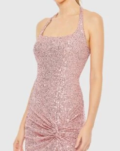 Sequined Halter Strap Low Side Knot Gown 8 Sequined Halter Strap Low Side Knot Gown -Fashion Dress Shop 11279 Rose CL