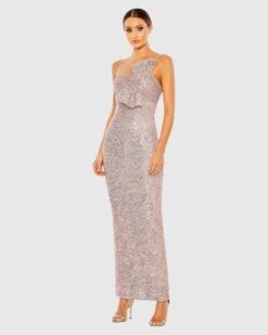 Sequined Strappless Faux Bow Column Gown