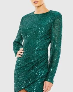 Sequined Long Sleeve Open Back Ruched Dress -Fashion Dress Shop 11291 Emerald CL