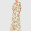 Floral Print Flutter Sleeve Wrap Over Gown