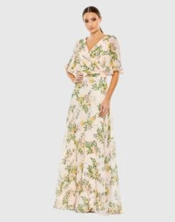 Floral Print Flutter Sleeve Wrap Over Gown