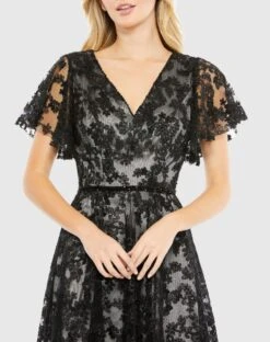 Embroidered Flutter Sleeve A Line Dress -Fashion Dress Shop 11327 Black CL scaled