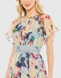 Floral Chiffon High Neck Flutter Sleeve Dress -Fashion Dress Shop 11400 BLM 3 WS