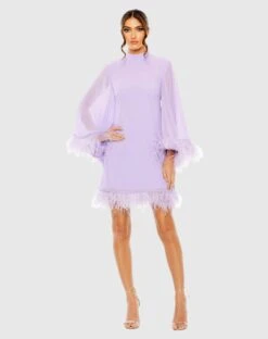 High Neck Cape Sleeve Mini Dress With Feather Trim