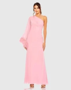 Feather Cuff One Shoulder Ruched Gown -Fashion Dress Shop 11442 Rose AB scaled