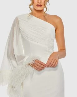 Feather Cuff One Shoulder Ruched Gown -Fashion Dress Shop 11442 White CL scaled