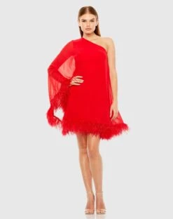 One Shoulder Trapeze Dress With Feather Trim -Fashion Dress Shop 11623 Red AB scaled