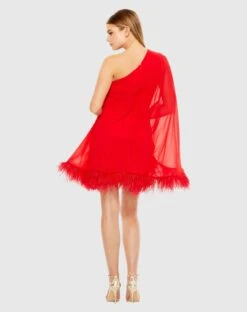 One Shoulder Trapeze Dress With Feather Trim -Fashion Dress Shop 11623 Red BK scaled