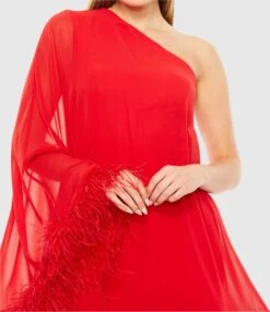 One Shoulder Trapeze Dress With Feather Trim -Fashion Dress Shop 11623 Red CL
