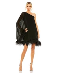 One Shoulder Trapeze Dress With Feather Trim -Fashion Dress Shop 11623 BLK Default 1 WS