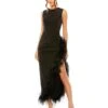 Sleeveless Faux Wrap Dress With Feather Detail