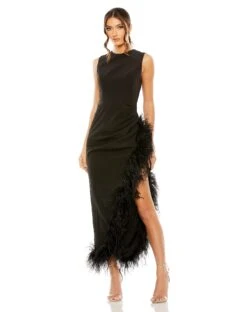 Sleeveless Faux Wrap Dress With Feather Detail
