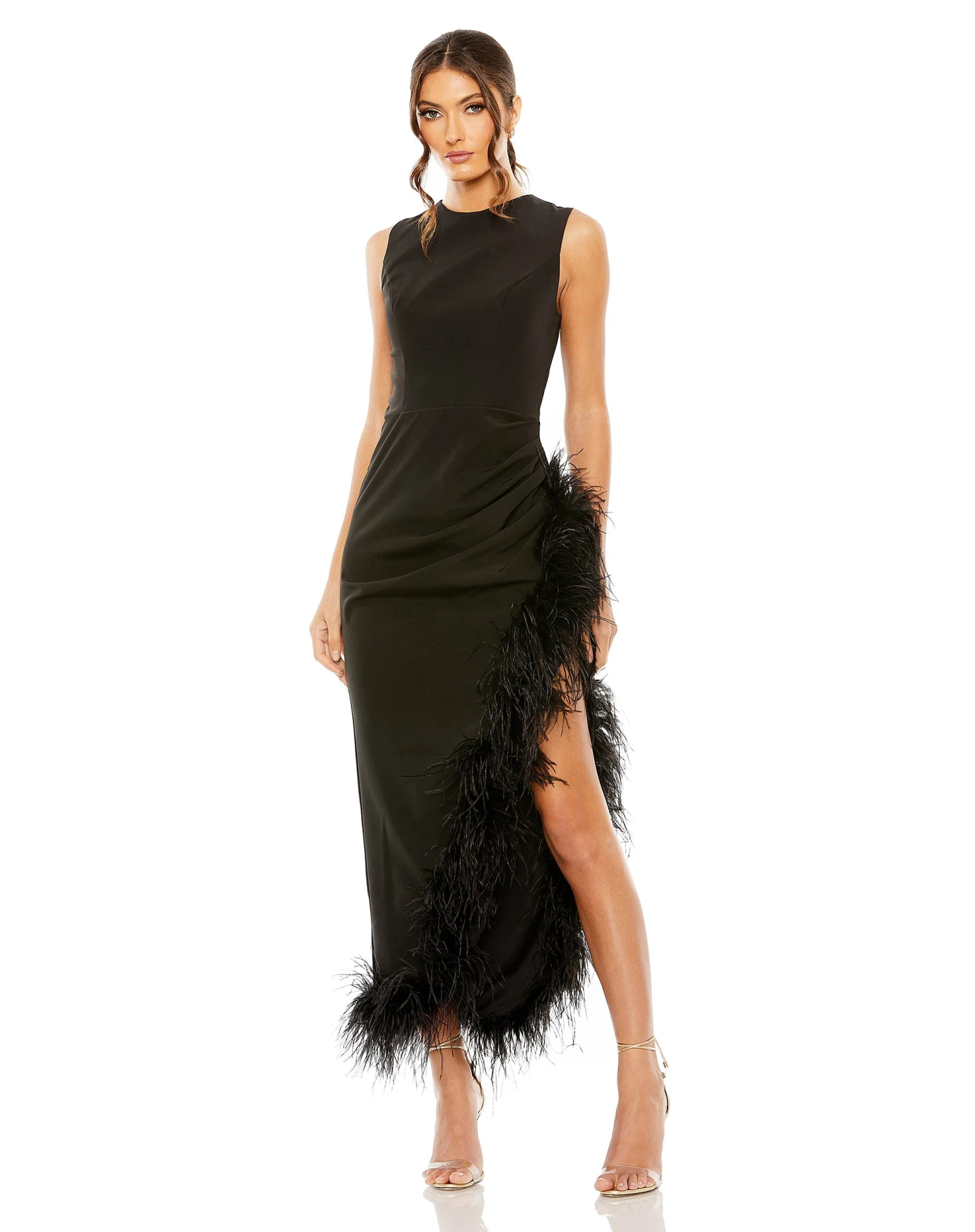 Sleeveless Faux Wrap Dress With Feather Detail 1 Sleeveless Faux Wrap Dress With Feather Detail