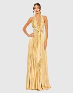 Pleated Halter Neck Gown With Center Bow -Fashion Dress Shop 11636 Gold AB scaled