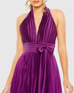 Pleated Halter Neck Gown With Center Bow -Fashion Dress Shop 11636 Plum CL scaled
