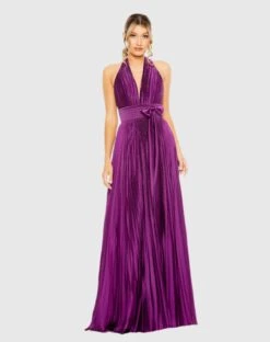 Pleated Halter Neck Gown With Center Bow