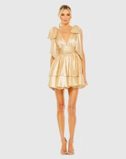 Oversized Bow Deep V Ruffle Mini Dress -Fashion Dress Shop 11657 PaleGold AB