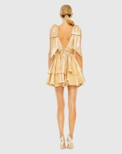 Oversized Bow Deep V Ruffle Mini Dress -Fashion Dress Shop 11657 PaleGold BK