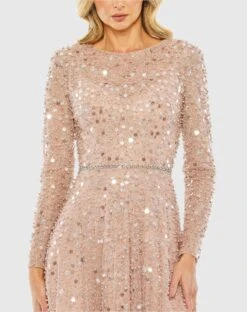 Disc Embellished Sequin Gown With Feather Detail -Fashion Dress Shop 11782 DustyRose CL