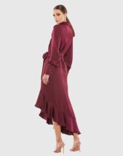 Long Sleeve Faux Wrap Midi Dress -Fashion Dress Shop 12506 Wine BK scaled
