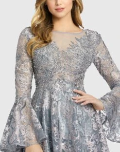 Embellished Illusion Bell Sleeve A Line Gown -Fashion Dress Shop 20258 GrayMulti CL