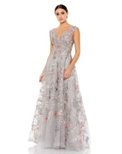 Embroidered Illusion Cap Sleeve A Line Gown